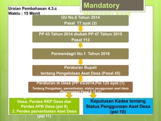 Mandatory
Regulasi AsetUU No.6 Tahun 2014
Pasal 77 ayat (3)
PP 43 Tahun 2014 diubah PP 47 Tahun 2015
Pasal 113
Permendagri No.1 Tahun 2016
Peraturan Bupati
tentang Pengelolaan Aset Desa (Pasal 45)
Peraturan di Desa (PP 43/2014,Psl 125 ayat (1)
Tentang Pengadaan, pemanfaatan, status penggunaan aset desa
(Permendagri Pasal 8,10,11)
1. Pengadaan Aset : Perdes RPJM
Desa; Perdes RKP Desa dan
Perdes APB Desa (psl 8)
2. Perdes pemanfaatan Aset Desa
(psl 11)
Keputusan Kades tentang
Status Penggunaan Aset Desa
(psl 10)
Uraian Pembahasan 4.3.c
Waktu : 15 Menit
 