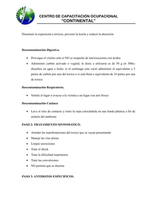CENTRO DE CAPACITACIÓN OCUPACIONAL

“CONTINENTAL”
Disminuir la exposición a tóxicos, prevenir la lesión y reducir la absorción

Descontaminación Digestiva.


Provoque el vómito solo si NO se sospecha de intoxicaciones con ácidos



Administre carbón activado o vegetal, la dosis a utilizarse es de 50 g en 300cc
disueltos en agua o leche: si el estómago esta vació administre el equivalente a 5
partes de carbón por una del toxico o si está lleno e equivalente de 10 partes por una
de toxico.

Descontaminación Respiratoria.


Ventile el lugar o evacue a la víctima a un lugar con aire fresco

Descontaminación Cutánea


Lave el sitio de contacto y retire la ropa colocándola en una funda plástica a fin de
aislarla del ambiente

PASO 2: TRATAMIENTO SINTOMATICO.


Atender las manifestaciones del toxico que se vayan presentando



Maneje las vías aéreas



Limpie secreciones



Trate el shock



Trate la dificultad respiratoria



Trate las convulsiones



NO permita que se duerma

PASO 3: ANTIDOTOS ESPECIFICOS.

 