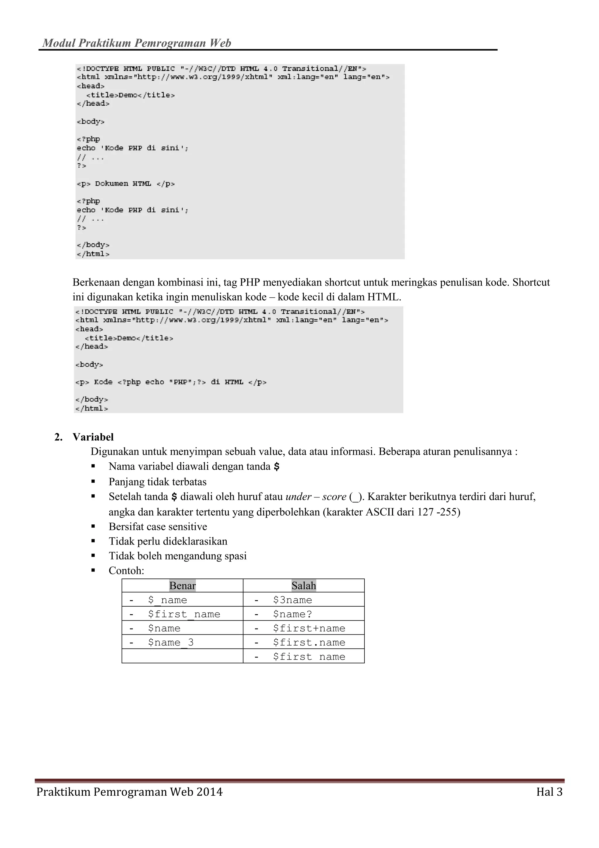 Modul Praktikum Pemrograman Web
Praktikum Pemrograman Web 2014 Hal 3
Berkenaan dengan kombinasi ini, tag PHP menyediakan shortcut untuk meringkas penulisan kode. Shortcut
ini digunakan ketika ingin menuliskan kode – kode kecil di dalam HTML.
2. Variabel
Digunakan untuk menyimpan sebuah value, data atau informasi. Beberapa aturan penulisannya :
Nama variabel diawali dengan tanda $
Panjang tidak terbatas
Setelah tanda $ diawali oleh huruf atau under – score (_). Karakter berikutnya terdiri dari huruf,
angka dan karakter tertentu yang diperbolehkan (karakter ASCII dari 127 -255)
Bersifat case sensitive
Tidak perlu dideklarasikan
Tidak boleh mengandung spasi
Contoh:
Benar Salah
- $_name - $3name
- $first_name - $name?
- $name - $first+name
- $name_3 - $first.name
- $first name
 