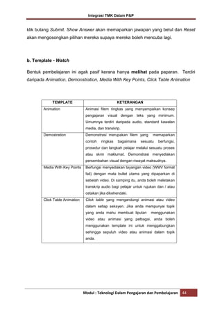 Integrasi TMK Dalam P&P

klik butang Submit. Show Answer akan memaparkan jawapan yang betul dan Reset
akan mengosongkan pilihan mereka supaya mereka boleh mencuba lagi.

b. Template - Watch
Bentuk pembelajaran ini agak pasif kerana hanya melihat pada paparan. Terdiri
daripada Animation, Demonstration, Media With Key Points, Click Table Animation

TEMPLATE
Animation

KETERANGAN
Animasi filem ringkas yang menyampaikan konsep
pengajaran visual dengan teks yang minimum.
Umumnya terdiri daripada audio, standard kawalan
media, dan transkrip.

Demostration

Demonstrasi merupakan filem yang
contoh

ringkas

bagaimana

memaparkan

sesuatu

berfungsi,

prosedur dan langkah pelajar melalui sesuatu proses
atau skrin maklumat. Demonstrasi menyediakan
persembahan visual dengan riwayat maksudnya.
Media With Key Points

Berfungsi menyediakan tayangan video (WMV format
fail) dengan mata bullet utama yang dipaparkan di
sebelah video. Di samping itu, anda boleh meletakan
transkrip audio bagi pelajar untuk rujukan dan / atau
cetakan jika dikehendaki.

Click Table Animation

Click table yang mengandungi animasi atau video
dalam setiap seksyen. Jika anda mempunyai topik
yang anda mahu membuat liputan

menggunakan

video atau animasi yang pelbagai, anda boleh
menggunakan template ini untuk menggabungkan
sehingga sepuluh video atau animasi dalam topik
anda.

Modul : Teknologi Dalam Pengajaran dan Pembelajaran

44

 