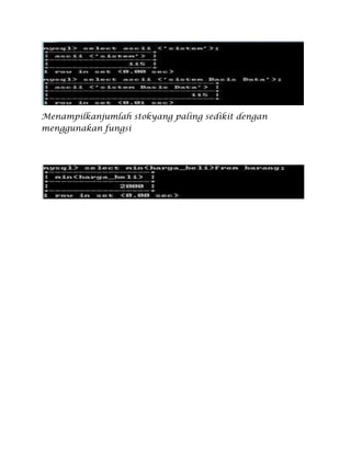Menampilkanjumlah stokyang paling sedikit dengan
menggunakan fungsi
