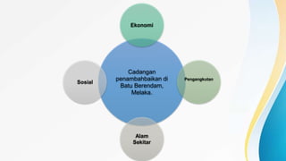 Cadangan
penambahbaikan di
Batu Berendam,
Melaka.
Ekonomi
Pengangkutan
Alam
Sekitar
Sosial
 