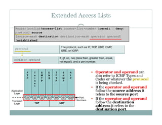 Extended Access Lists
36
 Operator and operand can
also refer to ICMP Types and
Codes or whatever the protocol
is being checked.
If th t d d If the operator and operand
follow the source address it
refers to the source port
 If the operator and operand
follow the destinationfollow the destination
address it refers to the
destination port.
 