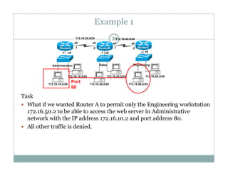 Example 1
38172.16.20.0/24 172.16.40.0/24
e0 e0 e0.1 .1 .1
.1 .1.2 .2
s0 s0 s1 s0
RouterA RouterB RouterC
172 16 10 3/24 172 16 30 3/24 172 16 50 3/24
Administration Sales Engineering
Task
172.16.10.2/24
172.16.10.3/24
172.16.30.2/24
172.16.30.3/24
172.16.50.2/24
172.16.50.3/24
Port
80
 What if we wanted Router A to permit only the Engineering workstation
172.16.50.2 to be able to access the web server in Administrative
network with the IP address 172.16.10.2 and port address 80.p
 All other traffic is denied.
 