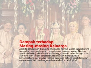 Dampak terhadap
Masing-masing Keluarga

Apabila perkawinan di antarta anak-anak mereka lancar, sudah barang
tentu akan menguntungkan orang tuanya masing-masing. Namun
apabila sebaliknya keadaan rumah tangga mereka tidak bahagia dan
akhirnya akan terjadi perceraian. Hal ini akan mengkibatkan
bertambahnya biaya hidup mereka dan yang palinng parah lagi akan
memutuskan tali kekeluargaan diantara kedua belah pihak.
http://images.travelpod.com/tripwow/photos/ta-00c6-5838-9d3b/resepsi-pernikahan-bandung-indonesia+1152_12939045940-tpfil02aw-4148.jpg

 