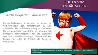 AIM | ACCESSIBILITY & INCLUSION FOR MIRGRANTS
Samhällsexperter – vilka är de?
En samhällsexpert är en som tar ansvar för
välbefinnandet och förbättringen av sina
samhällen. De mobiliserar vanligtvis samhällen
för en gemensam anledning att utforma och
bemästra handlingsplaner för att övervinna
specifika samhällsutmaningar. Denna roll kan
betalas för eller är frivillig, de flesta är
volontärer.
ROLLEN SOM
SAMHÄLLSEXPERT
Rollen för samhällsexpertens arbete är utbildning, inspiration, motivering och
mobilisering.
 