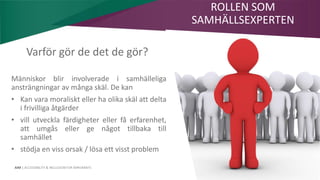 AIM | ACCESSIBILITY & INCLUSION FOR MIRGRANTS
Varför gör de det de gör?
Människor blir involverade i samhälleliga
ansträngningar av många skäl. De kan
• Kan vara moraliskt eller ha olika skäl att delta
i frivilliga åtgärder
• vill utveckla färdigheter eller få erfarenhet,
att umgås eller ge något tillbaka till
samhället
• stödja en viss orsak / lösa ett visst problem
ROLLEN SOM
SAMHÄLLSEXPERTEN
 