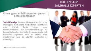 AIM | ACCESSIBILITY & INCLUSION FOR MIRGRANTS
Social förmåga. En samhällsexpert borde kunna
interagera med andra medlemmar i samhället
med lätthet. Detta kräver goda
kommunikations- och samarbetsförmåga. Att
kunna förhandla, förmedla, lyssna på andra och
formulera argument och att arbeta med
medlemmar som är utanför samhället är
väsentliga.
ROLLEN SOM
SAMHÄLLSEXPERTEN
Känna igen samhällsexperten genom
deras egenskaper
 