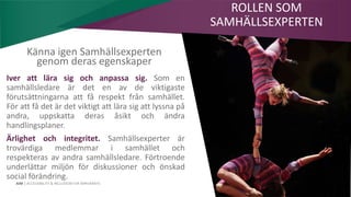 AIM | ACCESSIBILITY & INCLUSION FOR MIRGRANTS
Iver att lära sig och anpassa sig. Som en
samhällsledare är det en av de viktigaste
förutsättningarna att få respekt från samhället.
För att få det är det viktigt att lära sig att lyssna på
andra, uppskatta deras åsikt och ändra
handlingsplaner.
Ärlighet och integritet. Samhällsexperter är
trovärdiga medlemmar i samhället och
respekteras av andra samhällsledare. Förtroende
underlättar miljön för diskussioner och önskad
social förändring.
ROLLEN SOM
SAMHÄLLSEXPERTEN
Känna igen Samhällsexperten
genom deras egenskaper
 