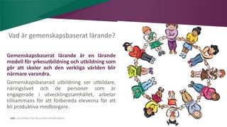 AIM | ACCESSIBILITY & INCLUSION FOR MIRGRANTS
Vad är gemenskapsbaserat lärande?
Gemenskapsbaserat lärande är en lärande
modell för yrkesutbildning och utbildning som
gör att skolor och den verkliga världen blir
närmare varandra.
Gemenskapsbaserad utbildning ser utbildare,
näringslivet och de personer som är
engagerade i utvecklingssamhället, arbetar
tillsammans för att förbereda eleverna för att
bli produktiva medborgare.
 