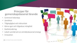AIM | ACCESSIBILITY & INCLUSION FOR MIRGRANTS
Principer för
gemenskapsbaserat lärande
• Centrerat ledarskap
• Jämlikhet
• Tillgänglighet och inklusivitet
• Känna igen och tillgodose mångfald
• Kvalitetssäkring
• Lokalt samråd och en områdesbaserad strategi
• Innovation
 