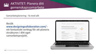 AIM | ACCESSIBILITY & INCLUSION FOR MIRGRANTS
AKTIVITET: Planera ditt
gemenskapssamarbete
Samarbetsplanering - Ta med allt
Besök
www.designingcollaboration.com/ -
ett fantastiskt verktyg för att planera
strukturen i ditt eget
samarbetsprojekt.
 