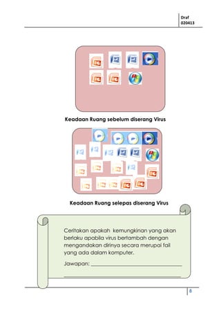 Draf
020413
8
Keadaan Ruang sebelum diserang Virus
Keadaan Ruang selepas diserang Virus
Ceritakan apakah kemungkinan yang akan
berlaku apabila virus bertambah dengan
mengandakan dirinya secara merupai fail
yang ada dalam komputer.
Jawapan: ___________________________________
_____________________________________________
 