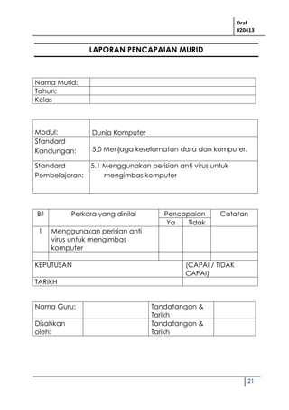 Draf
020413
21
LAPORAN PENCAPAIAN MURID
Nama Murid:
Tahun:
Kelas
Modul: Dunia Komputer
Standard
Kandungan: 5.0 Menjaga keselamatan data dan komputer.
Standard
Pembelajaran:
5.1 Menggunakan perisian anti virus untuk
mengimbas komputer
Bil Perkara yang dinilai Pencapaian Catatan
Ya Tidak
1 Menggunakan perisian anti
virus untuk mengimbas
komputer
KEPUTUSAN (CAPAI / TIDAK
CAPAI)
TARIKH
Nama Guru: Tandatangan &
Tarikh
Disahkan
oleh:
Tandatangan &
Tarikh
 