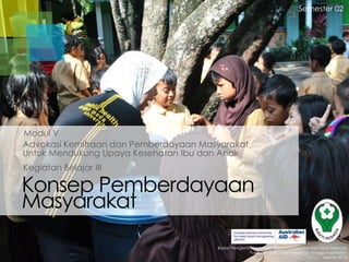 Semester 02

Modul V
Advokasi Kemitraan dan Pemberdayaan Masyarakat
Untuk Mendukung Upaya Kesehatan Ibu dan Anak
Kegiatan Belajar III

Konsep Pemberdayaan
Masyarakat
Badan Pengembangan dan Pemberdayaan Sumber Daya Manusia
Pusat Pendidikan dan Pelatihan Tenaga Kesehatan
Jakarta 2013

 