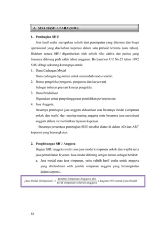 92
𝐽𝑎𝑠𝑎 𝑀𝑜𝑑𝑎𝑙 (𝑆𝑖𝑚𝑝𝑎𝑛𝑎𝑛) =
𝐽𝑢𝑚𝑙𝑎ℎ 𝑆𝑖𝑚𝑝𝑎𝑛𝑎𝑛 𝐴𝑛𝑔𝑔𝑜𝑡𝑎 𝑦𝑏𝑠
𝑡𝑜𝑡𝑎𝑙 𝑠𝑖𝑚𝑝𝑎𝑛𝑎𝑛 𝑠𝑒𝑙𝑢𝑟𝑢ℎ 𝑎𝑛𝑔𝑔𝑜𝑡𝑎
𝑥 𝑏𝑎𝑔𝑖𝑎𝑛 𝑆𝐻𝑈 𝑢𝑛𝑡𝑢𝑘 𝐽𝑎𝑠𝑎 𝑀𝑜𝑑𝑎𝑙
J. SISA HASIL USAHA (SHU)
1. Pembagian SHU
Sisa hasil usaha merupakan selisih dari pendapatan yang diterima dan biaya
operasional yang dikelurkan koperasi dalam satu periode tertentu (satu tahun).
Didalam neraca SHU digambarkan oleh selisih nilai aktiva dan pasiva yang
biasanya dihitung pada akhir tahun anggaran. Berdasarkan UU No.25 tahun 1992
SHU dibagi sekurang-kurangnya untuk:
1. Dana Cadangan Modal
Dana cadangan digunakan untuk menambah modal sendiri.
2. Bonus pengelola (pengurus, pengawas dan karyawan)
Sebagai imbalan prestasi kinerja pengelola.
3. Dana Pendidikan
Digunakan untuk penyelenggaraan pendidikan perkoperasian
4. Jasa Anggota.
Besarnya pembagian jasa anggota didasarkan atas besarnya modal (simpanan
pokok dan wajib) dari masing-masing anggota serta besarnya jasa partisipasi
anggota dalam memanfaatkan layanan koperasi.
Besarnya persentase pembagian SHU tersebut diatur di dalam AD dan ART
koperasi yang bersangkutan.
2. Penghitungan SHU Anggota
Bagian SHU anggota terdiri atas jasa modal (simpanan pokok dan wajib) serta
jasa pemanfaatan layanan. Jasa modal dihitung dengan rumus sebagai berikut:
a. Jasa modal atau jasa simpanan, yaitu selisih hasil usaha untuk anggota
yang ditetentukan oleh jumlah simpanan anggota yang bersangkutan
dalam koperasi.
 