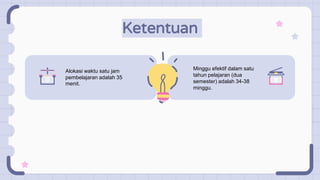 Ketentuan
Alokasi waktu satu jam
pembelajaran adalah 35
menit.
Minggu efektif dalam satu
tahun pelajaran (dua
semester) adalah 34-38
minggu.
 