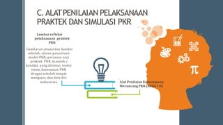 C.ALATPENILAIAN PELAKSANAAN
PRAKTEK DAN SIMULASI PKR
Lembar refleksi
pelaksanaan praktek
PKR
Gambaran situasi dan kondisi
sekolah; alasan penentuan
model PKR; perasaan saat
praktek PKR; masalah /
kendala yang ditemui; reaksi
siswa; kesesuaian PKR
dengan sekolah tempat
mengajar; dan data diri
mahasiswa
01 02
Alat Penilaian Kemampuan
Merancang PKR (APKG I-II)
 