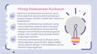 Prinsip Pelaksanaan Kurikulum
04
menuntut terlaksananya kurikulum yang
memungkinkan peserta didikmembangun
budaya belajar mandiri, kreatif dan mewarisi
keteladanan.
05
menuntut terlaksananya kurikulum yang
memungkinkan peserta didik mencapai
ketuntasan kompetensi secara optimal
dengan memanfaatkan keanekaragaman
proses, dan sumber yang tersedia dalam
lingkungan terbuka.
06 menuntut terlaksananya kurikulum yang
memungkinkan peserta didik dapat belajar
secara efektif dengan memanfaatkan semua
dimensi lingkungannya.
 