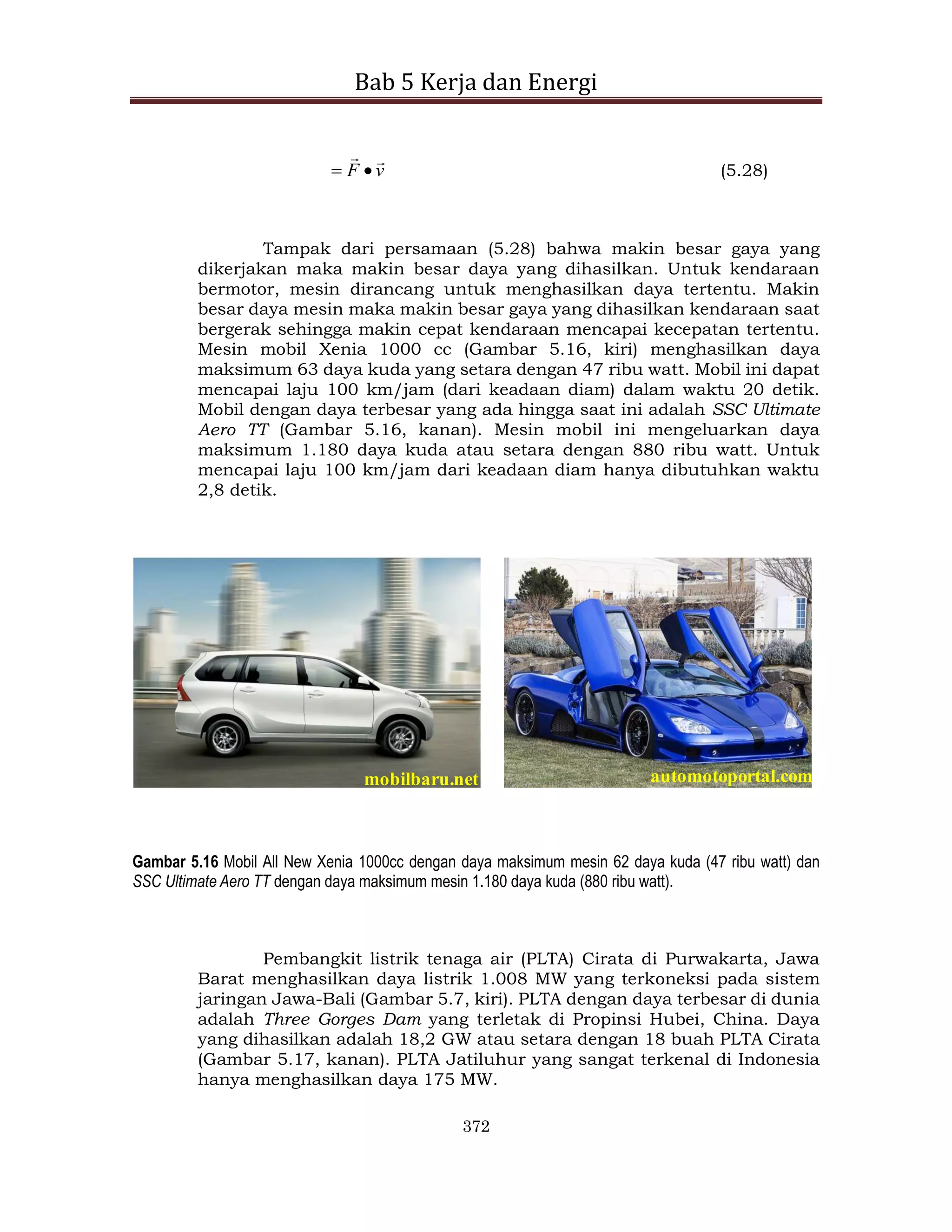 Bab 5 Kerja dan Energi
372
v
F



 (5.28)
Tampak dari persamaan (5.28) bahwa makin besar gaya yang
dikerjakan maka makin besar daya yang dihasilkan. Untuk kendaraan
bermotor, mesin dirancang untuk menghasilkan daya tertentu. Makin
besar daya mesin maka makin besar gaya yang dihasilkan kendaraan saat
bergerak sehingga makin cepat kendaraan mencapai kecepatan tertentu.
Mesin mobil Xenia 1000 cc (Gambar 5.16, kiri) menghasilkan daya
maksimum 63 daya kuda yang setara dengan 47 ribu watt. Mobil ini dapat
mencapai laju 100 km/jam (dari keadaan diam) dalam waktu 20 detik.
Mobil dengan daya terbesar yang ada hingga saat ini adalah SSC Ultimate
Aero TT (Gambar 5.16, kanan). Mesin mobil ini mengeluarkan daya
maksimum 1.180 daya kuda atau setara dengan 880 ribu watt. Untuk
mencapai laju 100 km/jam dari keadaan diam hanya dibutuhkan waktu
2,8 detik.
mobilbaru.net automotoportal.com
Gambar 5.16 Mobil All New Xenia 1000cc dengan daya maksimum mesin 62 daya kuda (47 ribu watt) dan
SSC Ultimate Aero TT dengan daya maksimum mesin 1.180 daya kuda (880 ribu watt).
Pembangkit listrik tenaga air (PLTA) Cirata di Purwakarta, Jawa
Barat menghasilkan daya listrik 1.008 MW yang terkoneksi pada sistem
jaringan Jawa-Bali (Gambar 5.7, kiri). PLTA dengan daya terbesar di dunia
adalah Three Gorges Dam yang terletak di Propinsi Hubei, China. Daya
yang dihasilkan adalah 18,2 GW atau setara dengan 18 buah PLTA Cirata
(Gambar 5.17, kanan). PLTA Jatiluhur yang sangat terkenal di Indonesia
hanya menghasilkan daya 175 MW.
 