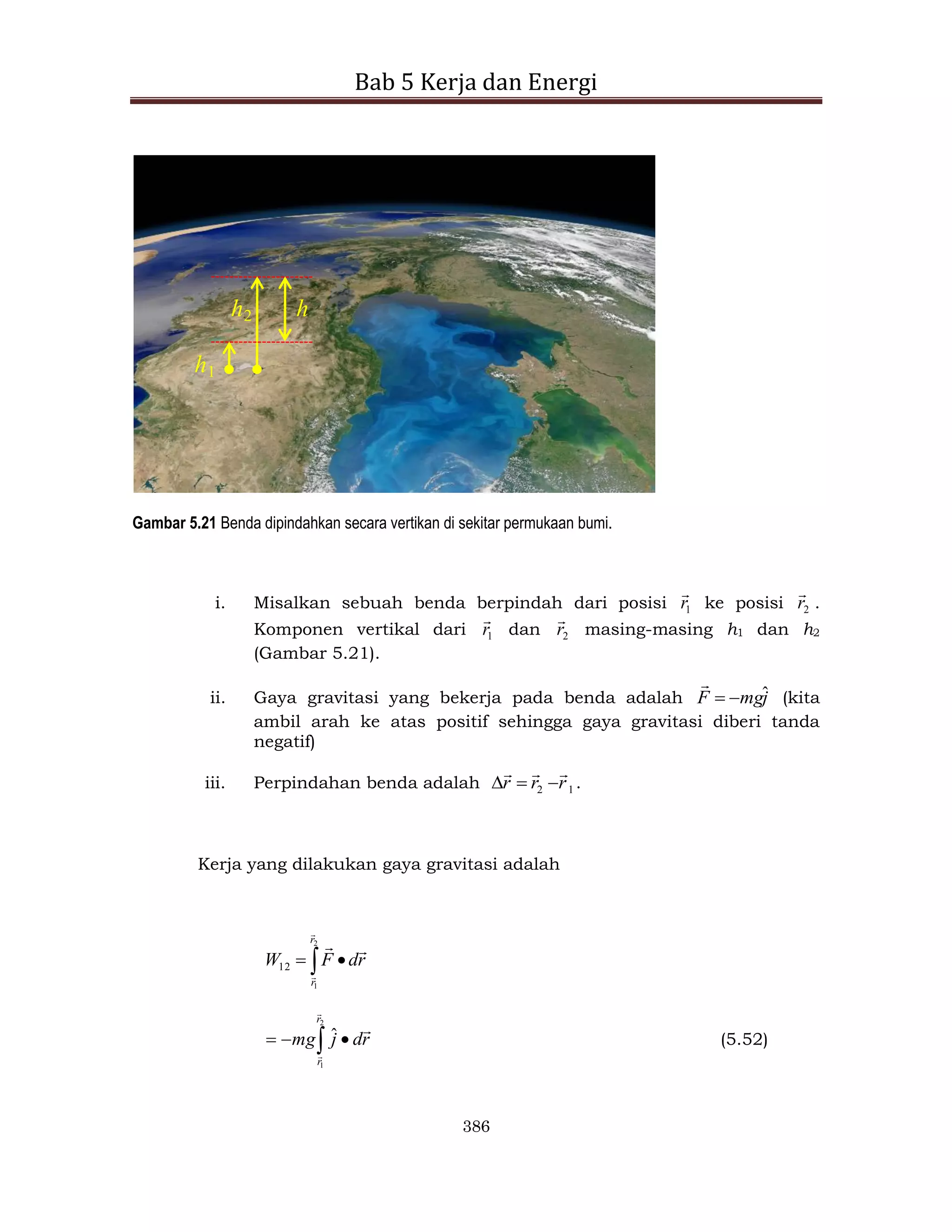 Bab 5 Kerja dan Energi
386
h1
h2 h
Gambar 5.21 Benda dipindahkan secara vertikan di sekitar permukaan bumi.
i. Misalkan sebuah benda berpindah dari posisi 1
r

ke posisi 2
r

.
Komponen vertikal dari 1
r

dan 2
r

masing-masing h1 dan h2
(Gambar 5.21).
ii. Gaya gravitasi yang bekerja pada benda adalah j
mg
F ˆ



(kita
ambil arah ke atas positif sehingga gaya gravitasi diberi tanda
negatif)
iii. Perpindahan benda adalah 1
2 r
r
r





 .
Kerja yang dilakukan gaya gravitasi adalah
 

2
1
12
r
r
r
d
F
W




 


2
1
ˆ
r
r
r
d
j
mg



(5.52)
 