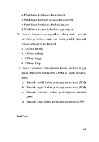 48
a. Pendidikan, kesehatan, dan ekonomi
b. Pendidikan, ketenaga kerjaan, dan ekonomi
c. Pendidikan, kesehatan, dan kebahagiaan
d. Pendidikan, ekonomi, dan ketenaga kerjaan
9. Data di Indonesia menunjukkan bahwa suatu provinsi
memiliki persentase anak usia balita pendek (stunted)
rendah ketika provinsi tersebut
a. APKnya rendah
b. APKnya sedang
c. APKnya tinggi
d. APKnya tetap
10. Data di Indonesia menunjukkan bahwa semakin tinggi
angka prevalensi kontrasepsi (APK) di suatu provinsi,
maka
a. Semakin rendah indeks pembangunan manusia (IPM)
b. Semakin negatif indeks pembangunan manusia (IPM)
c. Semakin melandai indeks pembangunan manusia
(IPM)
d. Semakin tinggi indeks pembangunan manusia (IPM)
Soal Esai
 