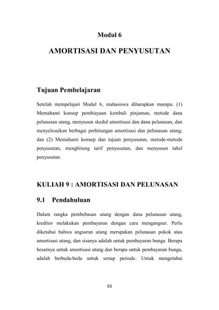 93
Modul 6
AMORTISASI DAN PENYUSUTAN
Tujuan Pembelajaran
Setelah mempelajari Modul 6, mahasiswa diharapkan mampu: (1)
Memahami konsep pembiayaan kembali pinjaman, metode dana
pelunasan utang, menyusun skedul amortisasi dan dana pelunasan, dan
menyelesaikan berbagai perhitungan amortisasi dan pelunasan utang;
dan (2) Memahami konsep dan tujuan penyusutan, metode-metode
penyusutan, menghitung tarif penyusutan, dan menyusun tabel
penyusutan.
KULIAH 9 : AMORTISASI DAN PELUNASAN
9.1 Pendahuluan
Dalam rangka pembebasan utang dengan dana pelunasan utang,
kreditor melakukan pembayaran dengan cara mengangsur. Perlu
diketahui bahwa angsuran utang merupakan pelunasan pokok atau
amortisasi utang, dan sisanya adalah untuk pembayaran bunga. Berapa
besarnya untuk amortisasi utang dan berapa untuk pembayaran bunga,
adalah berbeda-beda untuk setiap periode. Untuk mengetahui
 