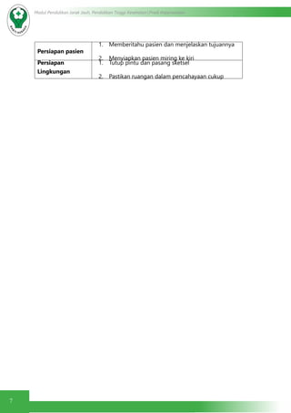 7
Modul Pendidikan Jarak Jauh, Pendidikan Tinggi Kesehatan Prodi Keperawatan
Persiapan pasien
1.	 Memberitahu pasien dan menjelaskan tujuannya
2.	 Menyiapkan pasien miring ke kiri
Persiapan
Lingkungan
1.	 Tutup pintu dan pasang sketsel
2.	 Pastikan ruangan dalam pencahayaan cukup
 
