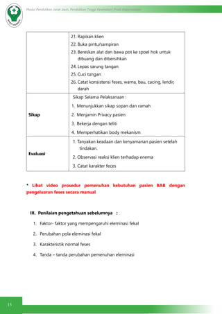 15
Modul Pendidikan Jarak Jauh, Pendidikan Tinggi Kesehatan Prodi Keperawatan
21.	Rapikan klien
22.	Buka pintu/sampiran
23.	Bereskan alat dan bawa pot ke spoel hok untuk
dibuang dan dibersihkan
24.	Lepas sarung tangan
25.	Cuci tangan
26.	Catat konsistensi feses, warna, bau, cacing, lendir,
darah
Sikap
Sikap Selama Pelaksanaan :
1.	 Menunjukkan sikap sopan dan ramah
2.	 Menjamin Privacy pasien
3.	 Bekerja dengan teliti
4.	 Memperhatikan body mekanism
Evaluasi
1. Tanyakan keadaan dan kenyamanan pasien setelah
tindakan.
2. Observasi reaksi klien terhadap enema
3. Catat karakter feces
* Lihat video prosedur pemenuhan kebutuhan pasien BAB dengan
pengeluaran feses secara manual
III. Penilaian pengetahuan sebelumnya :
1.	 Faktor- faktor yang mempengaruhi eleminasi fekal
2.	 Perubahan pola eleminasi fekal
3.	 Karakteristik normal feses
4.	 Tanda – tanda perubahan pemenuhan eleminasi
 
