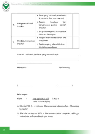 17
Modul Pendidikan Jarak Jauh, Pendidikan Tinggi Kesehatan Prodi Keperawatan
4.
Mengevaluasi hasil
tindakan
a.	Feses yang keluar diperhatikan (
konsistensi, bau, dan warna )
b.	Respon keadaan dan
kenyamanan pasien setelah
tindakan
c.	 Sikap selama pelaksanaan, sabar.
hati-hati dan sopan
5.
Mendokumentasikan
tindakan
a. Respon klien dan kelaianan BAB
dilaporkan
b. Tindakan yang telah dilakukan
dicatat dengan benar
Catatan : Indikator penilaian yang belum dicapai ................................................
.....................................................................................................................................................
.....................................................................................................................................................
...................................................................................
Mahasiswa Pembimbing
(....................................) (...................................)
Keterangan :
NILAI = Nilai perolehan (SP) X 100 %
Nilai Maksimal (SM)
A. Bila nilai 100 % = Indikator dilakukan secara keseluruhan : Mahasiswa
kompeten
B. Bilai nilai kurang dari 80 % = Mahasisawa belum kompeten , sehingga
mahasiswa perlu pendampingan ulang
 