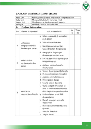 18
Modul Pendidikan Jarak Jauh, Pendidikan Tinggi Kesehatan Prodi Keperawatan
2.PENILAIAN MEMBERIKAN SEMPRIT GLISERIN
Kode Unit : KDM/I/Eleminasi Fekal /Melakukan semprit gleserin
Judul Unit : Memenuhi Kebutuhn Eleminasi Fekal
Uraian Unit : Membantu memberikan semprit gleserin
Petunjuk : Memberi tanda V bila dilakukan
A.	 Penilaian Keterampilan
No. Elemen Kompetensi Indikator Penilaian
Ya
(1)
Tidak
(0)
1
Melakukan
pengkajian kondisi
dan kesiapan pasien
a.	 Salam terapeutik di sampaikan
pada pasien
b.	 Validasi data dilakukan
c.	 Menjelaskan maksud dan
tujuan tindakan dengan jelas
d.	 Menyiapkan lingkungan
dengan nyaman dan aman
2.
Melaksanakan
persiapan alat dan
bahan
a.	 Set alat dan bahan dipersiapkan
dengan lengkap
b.	 Alat dan bahan dibawa ke
dekat pasien
3.
Membantu
memberikan gleserin
a.	 Tangan dicuci sampai batas siku
b.	 Posisi pasien diatur miring kiri
c.	 Alas dan selimut dipasang
d.	 Privasi pasien dijaga
e.	 Sarung tangan dipasang
f.	 Ujung semprit dimasukan ke
anus 7-10cm kearah umbilikus
dan diseprotkan perlahan-lahan
g.	 Pasien dibantu untuk BAB
dengan tuntas
h.	 Daerah anus dan genetalia
dibersihkan
i.	 Pasien diatur kembali ke posisi
nyaman
j.	 Alat-alat dirapikan
k.	 Tangan dicuci
 