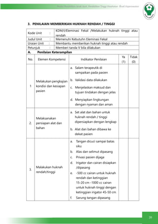 20
Modul Pendidikan Jarak Jauh, Pendidikan Tinggi Kesehatan Prodi Keperawatan
3.	 PENILAIAN MEMBERIKAN HUKNAH RENDAH / TINGGI
Kode Unit :
KDM/I/Eleminasi Fekal /Melakukan huknah tinggi atau
rendah
Judul Unit : Memenuhi Kebutuhn Eleminasi Fekal
Uraian Unit : Membantu memberikan huknah tinggi atau rendah
Petunjuk : Memberi tanda V bila dilakukan
A.	 Penilaian Keterampilan
No. Elemen Kompetensi Indikator Penilaian
Ya
(1)
Tidak
(0)
1
Melakukan pengkajian
kondisi dan kesiapan
pasien
a.	 Salam terapeutik di
sampaikan pada pasien
b.	 Validasi data dilakukan
c.	 Menjelaskan maksud dan
tujuan tindakan dengan jelas
d.	 Menyiapkan lingkungan
dengan nyaman dan aman
2.
Melaksanakan
persiapan alat dan
bahan
a.	 Set alat dan bahan untuk
huknah rendah / tinggi
dipersiapkan dengan lengkap
b.	 Alat dan bahan dibawa ke
dekat pasien
3.
Malakukan huknah
rendah/tinggi
a.	 Tangan dicuci sampai batas
siku
b.	 Alas dan selimut dipasang
c.	 Privasi pasien dijaga
d.	 Irigator dan cairan disiapkan
/dipasang
e.	 -500 cc cairan untuk huknah
rendah dan ketinggian
15-20 cm -1000 cc cairan
untuk huknah tinggi dengan
ketinggian irigator 45-50 cm
f.	 Sarung tangan dipasang
 