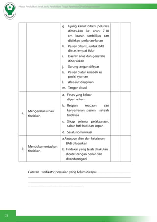21
Modul Pendidikan Jarak Jauh, Pendidikan Tinggi Kesehatan Prodi Keperawatan
g.	 Ujung kanul diberi pelumas
dimasukan ke anus 7-10
cm kearah umbilikus dan
dialirkan perlahan-lahan
h.	 Pasien dibantu untuk BAB
diatas tempat tidur
i.	 Daerah anus dan genetalia
dibersihkan
j.	 Sarung tangan dilepas
k.	 Pasien diatur kembali ke
posisi nyaman
l.	 Alat-alat dirapikan
m.	 Tangan dicuci
4.
Mengevaluasi hasil
tindakan
a.	 Feses yang keluar
diperhatikan
b.	 Respon keadaan dan
kenyamanan pasien setelah
tindakan
c.	 Sikap selama pelaksanaan,
sabar. hati-hati dan sopan
d.	 Selalu komunikasi
5.
Mendokumentasikan
tindakan
a.Reospon klien dan kelaianan
BAB dilaporkan
b. Tindakan yang telah dilakukan
dicatat dengan benar dan
ditandatangani
Catatan : Indikator penilaian yang belum dicapai .................................................
.....................................................................................................................................................
.....................................................................................................................................................
.................................................................................
 