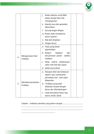 24
Modul Pendidikan Jarak Jauh, Pendidikan Tinggi Kesehatan Prodi Keperawatan
j.	 Pasien dibantu untuk BAB
diatas tempat tidur bila
menginginkan
k.	 Daerah anus dan genetalia
dibersihkan
l.	 Sarung tangan dilepas
m.	Pasien diatur kembali ke
posisi nyaman
n.	 Alat-alat dirapikan
o.	 Tangan dicuci
4.
Mengevaluasi hasil
tindakan
a.	 Feses yang keluar
diperhatikan
b.	 Respon keadaan dan
kenyamanan pasien setelah
tindakan
c.	 Sikap selama pelaksanaan,
sabar. hati-hati dan sopan
d.	 Selalu komunikasi
5.
Mendokumentasikan
tindakan
a. Reospon klien dan kelaianan
seperti nyeri, perdarahan
pernafasan dan nadi cepat
dilaporkan
b. Tindakan yang telah
dilakukan dicatat dengan
benar dan ditandatangani
c. Catat konsistensi feses, bau,
warna ,lendir, darah
Catatan : Indikator penilaian yang belum dicapai ................................................
.....................................................................................................................................................
.....................................................................................................................................................
..................................................................................
 