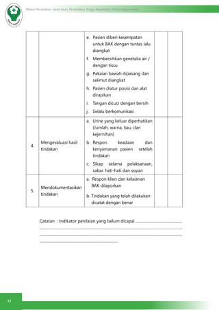 41
Modul Pendidikan Jarak Jauh, Pendidikan Tinggi Kesehatan Prodi Keperawatan
e.	 Pasien diberi kesempatan
untuk BAK dengan tuntas lalu
diangkat
f.	 Membersihkan genetalia air /
dengan tissu
g.	 Pakaian bawah dipasang dan
selimut diangkat
h.	 Pasien diatur posisi dan alat
dirapikan
i.	 Tangan dicuci dengan bersih
j.	 Selalu berkomunikasi
4.
Mengevaluasi hasil
tindakan
a.	 Urine yang keluar diperhatikan
(Jumlah, warna, bau, dan
kejernihan)
b.	 Respon keadaan dan
kenyamanan pasien setelah
tindakan
c.	 Sikap selama pelaksanaan,
sabar. hati-hati dan sopan
5.
Mendokumentasikan
tindakan
a. Respon klien dan kelaianan
BAK dilaporkan
b. Tindakan yang telah dilakukan
dicatat dengan benar
Catatan : Indikator penilaian yang belum dicapai ................................................
.....................................................................................................................................................
.....................................................................................................................................................
..................................................................................
 