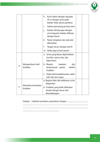 44
Modul Pendidikan Jarak Jauh, Pendidikan Tinggi Kesehatan Prodi Keperawatan
h.	 Kunci balon dengan aquades
20 cc dengan spuit pada
kateter foley secara perlahan
i.	 Selama pemasang prinsip steril
j.	 Kateter dihubungan dengan
urine bag dan kateter difiksasi
dengan benar
k.	 Pasien dirapikan dan alat-alat
dibereskan
l.	 Tangan dicuci dengan bersih
m.	 Selalu jaga privasi pasien
4.
Mengevaluasi hasil
tindakan
a.	 Urine yang keluar diperhatikan
(Jumlah, warna, bau, dan
kejernihan)
b.	 Respon keadaan dan
kenyamanan pasien setelah
tindakan
c.	 Sikap selama pelaksanaan, sabar.
hati-hati dan sopan
5.
Mendokumentasikan
tindakan
a. Respon klien dan kelaianan urine
dilaporkan
b. Tindakan yang telah dilakukan
dicatat dengan benar dan
ditandatangani
Catatan : Indikator penilaian yang belum dicapai ................................................
.....................................................................................................................................................
.....................................................................................................................................................
...................................................................................
 