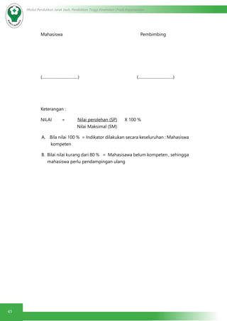 45
Modul Pendidikan Jarak Jauh, Pendidikan Tinggi Kesehatan Prodi Keperawatan
Mahasiswa Pembimbing
(....................................) (...................................)
Keterangan :
NILAI = Nilai perolehan (SP) X 100 %
Nilai Maksimal (SM)
A. Bila nilai 100 % = Indikator dilakukan secara keseluruhan : Mahasiswa
kompeten
B. Bilai nilai kurang dari 80 % = Mahasisawa belum kompeten , sehingga
mahasiswa perlu pendampingan ulang
 