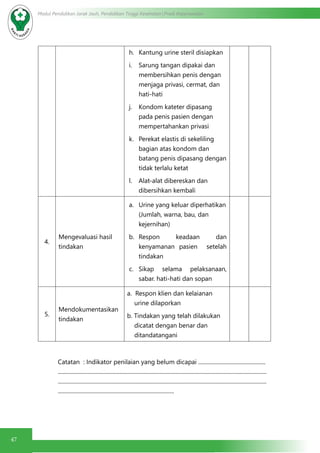 47
Modul Pendidikan Jarak Jauh, Pendidikan Tinggi Kesehatan Prodi Keperawatan
h.	 Kantung urine steril disiapkan
i.	 Sarung tangan dipakai dan
membersihkan penis dengan
menjaga privasi, cermat, dan
hati-hati
j.	 Kondom kateter dipasang
pada penis pasien dengan
mempertahankan privasi
k.	 Perekat elastis di sekeliling
bagian atas kondom dan
batang penis dipasang dengan
tidak terlalu ketat
l.	 Alat-alat dibereskan dan
dibersihkan kembali
4.
Mengevaluasi hasil
tindakan
a.	 Urine yang keluar diperhatikan
(Jumlah, warna, bau, dan
kejernihan)
b.	 Respon keadaan dan
kenyamanan pasien setelah
tindakan
c.	 Sikap selama pelaksanaan,
sabar. hati-hati dan sopan
5.
Mendokumentasikan
tindakan
a. Respon klien dan kelaianan
urine dilaporkan
b. Tindakan yang telah dilakukan
dicatat dengan benar dan
ditandatangani
Catatan : Indikator penilaian yang belum dicapai ................................................
.....................................................................................................................................................
.....................................................................................................................................................
...................................................................................
 
