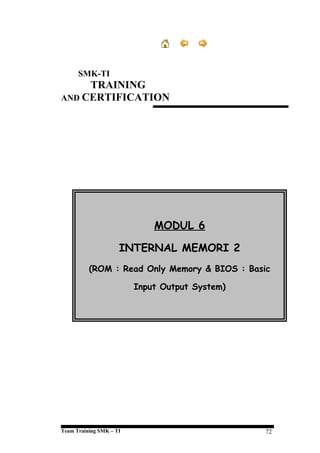 SMK-TI

TRAINING
AND CERTIFICATION

MODUL 6
INTERNAL MEMORI 2
(ROM : Read Only Memory & BIOS : Basic
Input Output System)

Team Training SMK – TI

72

 