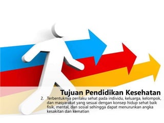 2. Terbentuknya perilaku sehat pada individu, keluarga, kelompok,
dan masyarakat yang sesuai dengan konsep hidup sehat baik
fisik, mental, dan sosial sehingga dapat menurunkan angka
kesakitan dan kematian
Tujuan Pendidikan Kesehatan
 