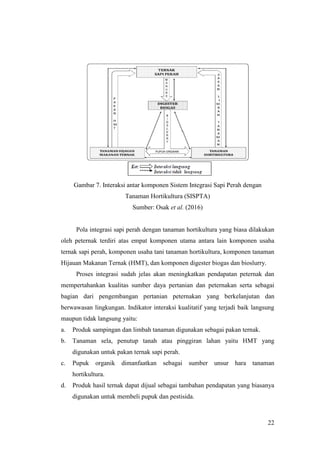 22
Gambar 7. Interaksi antar komponen Sistem Integrasi Sapi Perah dengan
Tanaman Hortikultura (SISPTA)
Sumber: Osak et al. (2016)
Pola integrasi sapi perah dengan tanaman hortikultura yang biasa dilakukan
oleh peternak terdiri atas empat komponen utama antara lain komponen usaha
ternak sapi perah, komponen usaha tani tanaman hortikultura, komponen tanaman
Hijauan Makanan Ternak (HMT), dan komponen digester biogas dan bioslurry.
Proses integrasi sudah jelas akan meningkatkan pendapatan peternak dan
mempertahankan kualitas sumber daya pertanian dan peternakan serta sebagai
bagian dari pengembangan pertanian peternakan yang berkelanjutan dan
berwawasan lingkungan. Indikator interaksi kualitatif yang terjadi baik langsung
maupun tidak langsung yaitu:
a. Produk sampingan dan limbah tanaman digunakan sebagai pakan ternak.
b. Tanaman sela, penutup tanah atau pinggiran lahan yaitu HMT yang
digunakan untuk pakan ternak sapi perah.
c. Pupuk organik dimanfaatkan sebagai sumber unsur hara tanaman
hortikultura.
d. Produk hasil ternak dapat dijual sebagai tambahan pendapatan yang biasanya
digunakan untuk membeli pupuk dan pestisida.
 