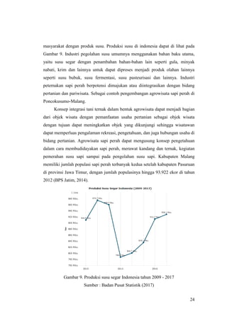 24
masyarakat dengan produk susu. Produksi susu di indonesia dapat di lihat pada
Gambar 9. Industri pegolahan susu umumnya menggunakan bahan baku utama,
yaitu susu segar dengan penambahan bahan-bahan lain seperti gula, minyak
nabati, krim dan lainnya untuk dapat diproses menjadi produk olahan lainnya
seperti susu bubuk, susu fermentasi, susu pasteurisasi dan lainnya. Industri
peternakan sapi perah berpotensi dimajukan atau diintegrasikan dengan bidang
pertanian dan pariwisata. Sebagai contoh pengembangan agrowisata sapi perah di
Poncokusumo-Malang.
Konsep integrasi tani ternak dalam bentuk agrowisata dapat menjadi bagian
dari objek wisata dengan pemanfaatan usaha pertanian sebagai objek wisata
dengan tujuan dapat meningkatkan objek yang dikunjungi sehingga wisatawan
dapat memperluas pengalaman rekreasi, pengetahuan, dan juga hubungan usaha di
bidang pertanian. Agrowisata sapi perah dapat mengusung konsep pengetahuan
dalam cara membudidayakan sapi perah, merawat kandang dan ternak, kegiatan
pemerahan susu sapi sampai pada pengolahan susu sapi. Kabupaten Malang
memiliki jumlah populasi sapi perah terbanyak kedua setelah kabupaten Pasuruan
di provinsi Jawa Timur, dengan jumlah populasinya hingga 93.922 ekor di tahun
2012 (BPS Jatim, 2014).
Gambar 9. Produksi susu segar Indonesia tahun 2009 - 2017
Sumber : Badan Pusat Statistik (2017)
 