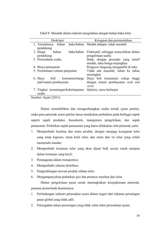 16
Tabel 8. Masalah dalam industri pengolahan dengan bahan baku telur
Deskripsi Keragaan dan permasalahan
1. Tersedianya bahan baku/bahan
pendukung
Mudah didapat, tidak masalah
2. Harga bahan baku/bahan
pendukung
Fluktuatif, sehingga menyulitkan dalam
pengelolaan usaha
3. Permodalan usaha Bank, dengan prosedur yang relatif
mudah, suku bunga terjangkau
4. Biaya pemasaran Pengecer langsung mengambil di toko
5. Permintaan/volume penjualan Tidak ada masalah, tahun ke tahun
meningkat
6. Daya beli konsumen/harga
jual/sistem pembayaran
Daya beli konsumen cukup tinggi
dengan sistem pembayaran cash and
carry
7. Tingkat keuntungan/keberlanjutan
usaha
Optimis, terus berlanjut
Sumber: Sejati (2011)
Dalam menstabilkan dan mengembangkan usaha ternak ayam petelur,
maka para peternak ayam petelur harus melakukan perbaikan pada berbagai aspek
seperti aspek produksi, biosekuriti, manajemen pengelolaan, dan aspek
pemasaran. Perbaikan aspek pemasaran yang harus dilakukan oleh peternak yaitu:
1. Memperbaiki kualitas dan mutu produk, dengan menjaga kesegaran telur
yang tetap higienis, mutu kulit telur, dan mutu dari isi telur yang selalu
memenuhi standar;
2. Memperbaiki kemasan telur yang akan dijual baik secara curah maupun
dalam kemasan yang kecil;
3. Penanganan dalam transportasi;
4. Memperbaiki saluran distribusi;
5. Pengembangan inovasi produk olahan telur;
6. Mengampanyekan perbaikan gizi dan promosi manfaat dari telur.
Dalam pengelolaan pasar untuk meningkatkan kesejahteraan peternak,
peranan pemerintah diantaranya:
1. Perlindungan industri peternakan ayam dalam negeri dari tekanan persaingan
pasar global yang tidak adil;
2. Pencegahan adaya persaingan yang tidak sehat antar perusahaan ayam;
 