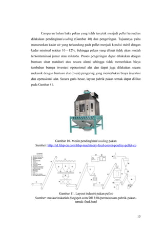 13
Campuran bahan baku pakan yang telah tercetak menjadi pellet kemudian
dilakukan pendinginan/cooling (Gambar 40) dan pengeringan. Tujuannya yaitu
menurunkan kadar air yang terkandung pada pellet menjadi kondisi stabil dengan
kadar minimal sekitar 10 - 12%. Sehingga pakan yang dibuat tidak akan mudah
terkontaminasi jamur atau mikroba. Proses pengeringan dapat dilakukan dengan
bantuan sinar matahari atau secara alami sehingga tidak memerlukan biaya
tambahan berupa investasi operasional alat dan dapat juga dilakukan secara
mekanik dengan bantuan alat (oven) pengering yang memerlukan biaya investasi
dan operasional alat. Secara garis besar, layout pabrik pakan ternak dapat dilihat
pada Gambar 41.
Gambar 10. Mesin pendinginan/cooling pakan
Sumber: http://id.fdsp-cn.com/fdsp-machinery-feed-cooler-poultry-pellet-co
Gambar 11. Layout industri pakan pellet
Sumber: maskarizakariah.blogspot.com/2013/04/perencanaan-pabrik-pakan-
ternak-feed.html
 