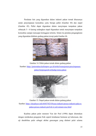 15
Peralatan lain yang digunakan dalam industri pakan ternak khususnya
untuk penyimpanan komoditas yaitu berupa pallet (Gambar 44) dan stapel
(Gambar 45). Pallet dapat digunakan dalam menyimpan tumpukan pakan
sebanyak 5 - 6 karung sedangkan stapel digunakan untuk menyimpan tumpukan
komoditas sampai mencapai ketinggian tertentu. Selain itu peralata pengangkutan
yang digunakan didalam gudang pakan tersaji pada Gambar 46.
Gambar 14. Pallet pakan ternak dalam gudang pakan
Sumber: https://peternakan.kaltimprov.go.id/artikel/manajemen-penyimpanan-
pakan-berpengaruh-terhadap-mutu-pakan
Gambar 15. Stapel pakan ternak dalam gudang pakan
Sumber: https://docplayer.info/66437423-Proses-industri-proses-industri-paka-n-
pakan-proses-industri-prof-dr-ir-yuli-retnani-msc.html
Kualitas pakan pelet menurut Van der Poel (1996) dapat ditentukan
dengan melakukan pengujian fisik seperti ketahanan benturan uji kekerasan, dan
uji durabilitas pelet sebagai akibat guncangan yang dialami pelet selama
 