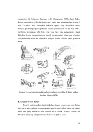 16
transportasi. Uji ketahanan benturan pellet (Balagopalan 1988) dapat diukur
dengan menjatuhkan pellet dari ketinggian 1 meter pada lempengan besi setebal 2
mm. Kekerasan pelet merupakan kekuatan (gaya) yang dibutuhkan untuk
menekan pelet sampai pecah pada saat tertentu (Thomas dan van der Poel 1996).
Durabilitas merupakan sifat fisik pelet yang lain yang pengujiannya dapat
dilakukan dengan memperhitungkan jumlah bagian partikel halus yang terbentuk
saat pembuatan pellet dan digunakan sebagai ukuran efisiensi siklus produksi
pellet.
Gambar 16. Alat yang digunakan dalam membawa komoditas di dalam gudang
Sumber: Ahyari (1979)
Keamanan Produk Pakan
Kontrol kualitas pakan dapat dilakukan dengan pengawasan mutu bahan
baku pakan yang meliputi penanganan dan pemeriksaan kualitas bahan baku yang
dibeli dan yang dihasilkan oleh industri pakan ternak. Kontrol kualitas ini
dilakukan dalam tiga tahapan menurut Natsir et al. (2018) yaitu:
 