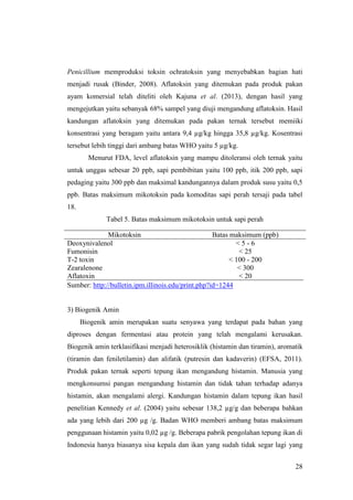 28
Penicillium memproduksi toksin ochratoksin yang menyebabkan bagian hati
menjadi rusak (Binder, 2008). Aflatoksin yang ditemukan pada produk pakan
ayam komersial telah diteliti oleh Kajuna et al. (2013), dengan hasil yang
mengejutkan yaitu sebanyak 68% sampel yang diuji mengandung aflatoksin. Hasil
kandungan aflatoksin yang ditemukan pada pakan ternak tersebut memiiki
konsentrasi yang beragam yaitu antara 9,4 µg/kg hingga 35,8 µg/kg. Kosentrasi
tersebut lebih tinggi dari ambang batas WHO yaitu 5 µg/kg.
Menurut FDA, level aflatoksin yang mampu ditoleransi oleh ternak yaitu
untuk unggas sebesar 20 ppb, sapi pembibitan yaitu 100 ppb, itik 200 ppb, sapi
pedaging yaitu 300 ppb dan maksimal kandungannya dalam produk susu yaitu 0,5
ppb. Batas maksimum mikotoksin pada komoditas sapi perah tersaji pada tabel
18.
Tabel 5. Batas maksimum mikotoksin untuk sapi perah
Mikotoksin Batas maksimum (ppb)
Deoxynivalenol < 5 - 6
Fumonisin < 25
T-2 toxin < 100 - 200
Zearalenone < 300
Aflatoxin < 20
Sumber: http://bulletin.ipm.illinois.edu/print.php?id=1244
3) Biogenik Amin
Biogenik amin merupakan suatu senyawa yang terdapat pada bahan yang
diproses dengan fermentasi atau protein yang telah mengalami kerusakan.
Biogenik amin terklasifikasi menjadi heterosiklik (histamin dan tiramin), aromatik
(tiramin dan feniletilamin) dan alifatik (putresin dan kadaverin) (EFSA, 2011).
Produk pakan ternak seperti tepung ikan mengandung histamin. Manusia yang
mengkonsumsi pangan mengandung histamin dan tidak tahan terhadap adanya
histamin, akan mengalami alergi. Kandungan histamin dalam tepung ikan hasil
penelitian Kennedy et al. (2004) yaitu sebesar 138,2 µg/g dan beberapa bahkan
ada yang lebih dari 200 µg /g. Badan WHO memberi ambang batas maksimum
penggunaan histamin yaitu 0,02 µg /g. Beberapa pabrik pengolahan tepung ikan di
Indonesia hanya biasanya sisa kepala dan ikan yang sudah tidak segar lagi yang
 