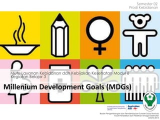 Semester 02
Prodi Kebidanan

Mutu Layanan Kebidanan dan Kebijakan Kesehatan Modul 6
Kegiatan Belajar 3

Millenium Development Goals (MDGs)

Badan Pengembangan dan Pemberdayaan Sumber Daya Manusia
Pusat Pendidikan dan Pelatihan Tenaga Kesehatan
Jakarta 2013

 