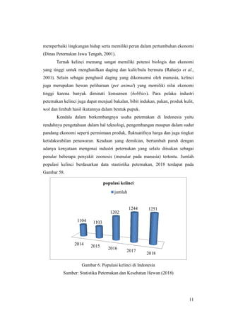 11
memperbaiki lingkungan hidup serta memiliki peran dalam pertumbuhan ekonomi
(Dinas Peternakan Jawa Tengah, 2001).
Ternak kelinci memang sangat memiliki potensi biologis dan ekonomi
yang tinggi untuk menghasilkan daging dan kulit/bulu bermutu (Raharjo et al.,
2001). Selain sebagai penghasil daging yang dikonsumsi oleh manusia, kelinci
juga merupakan hewan peliharaan (pet animal) yang memiliki nilai ekonomi
tinggi karena banyak diminati konsumen (hobbies). Para pelaku industri
peternakan kelinci juga dapat menjual bakalan, bibit indukan, pakan, produk kulit,
wol dan limbah hasil ikutannya dalam bentuk pupuk.
Kendala dalam berkembangnya usaha peternakan di Indonesia yaitu
rendahnya pengetahuan dalam hal teknologi, pengembangan maupun dalam sudut
pandang ekonomi seperti permintaan produk, fluktuatifnya harga dan juga tingkat
ketidaksrabilan penawaran. Keadaan yang demikian, bertambah parah dengan
adanya kenyataan mengenai industri peternakan yang selalu diisukan sebagai
penular beberapa penyakit zoonosis (menular pada manusia) tertentu. Jumlah
populasi kelinci berdasarkan data stastistika peternakan, 2018 terdapat pada
Gambar 58.
Gambar 6. Populasi kelinci di Indonesia
Sumber: Statistika Peternakan dan Kesehatan Hewan (2018)
2014 2015 2016
2017
2018
1104 1103
1202
1244 1251
populasi kelinci
jumlah
 