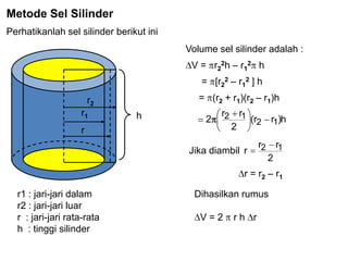 Metode Sel Silinder
Perhatikanlah sel silinder berikut ini
r2
r
r1
r1 : jari-jari dalam
r2 : jari-jari luar
r : jari-jari rata-rata
h : tinggi silinder
h h)rr(
2
rr
2 12
12
Volume sel silinder adalah :
V = r2
2h – r1
2 h
= [r2
2 – r1
2 ] h
= (r2 + r1)(r2 – r1)h
Jika diambil
2
rr
r 12
r = r2 – r1
Dihasilkan rumus
V = 2 r h r
 
